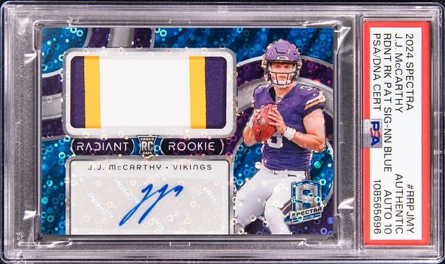 2024 Panini Spectra J.J. McCarthy Radiant Patch Signatures Neon Blue #RRP-JMY card image
