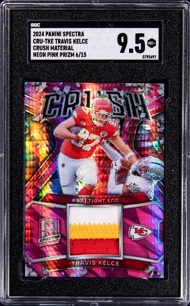 2024 Panini Spectra Travis Kelce Crush Material-Neon Pink Prizm #CRU-TKE card image