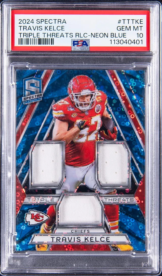 2024 Panini Spectra Travis Kelce Triple Threats Relic Neon Blue #TT-TKE card image