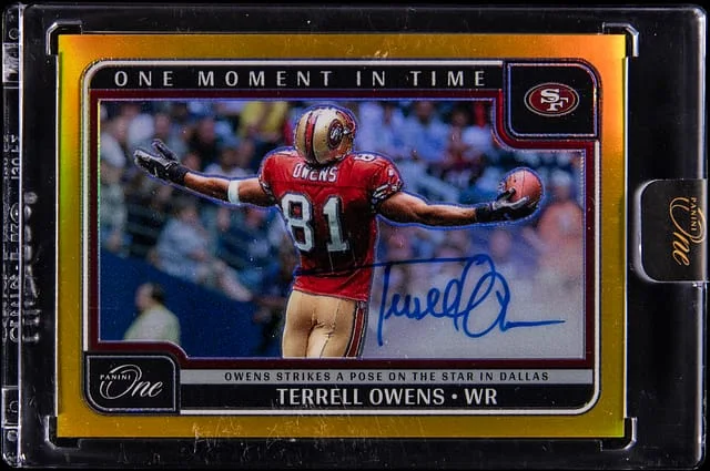2024 Panini Terrell Owens One One Moment in Time Gold Prizm #385 card image