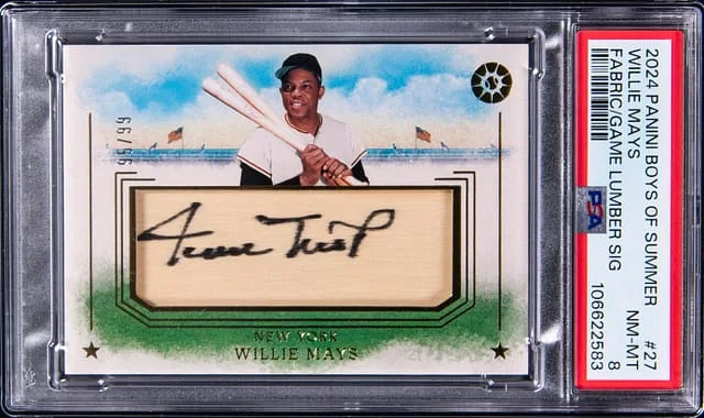 2024 Panini Willie Mays Boys of Summer Fabric of The Game Lumber Signature #27 card image