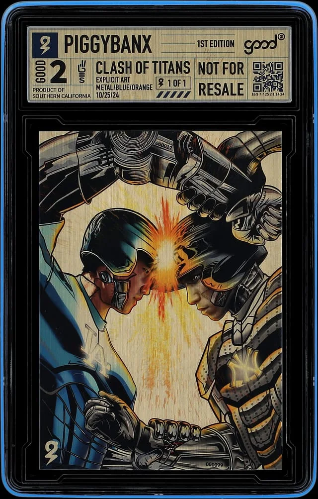 2024 PiggyBanx Good Clash Of Titans Metal/Blue/Orange Gold Variation - PiggyBanx Encapsulated - With Original Box #2 card image