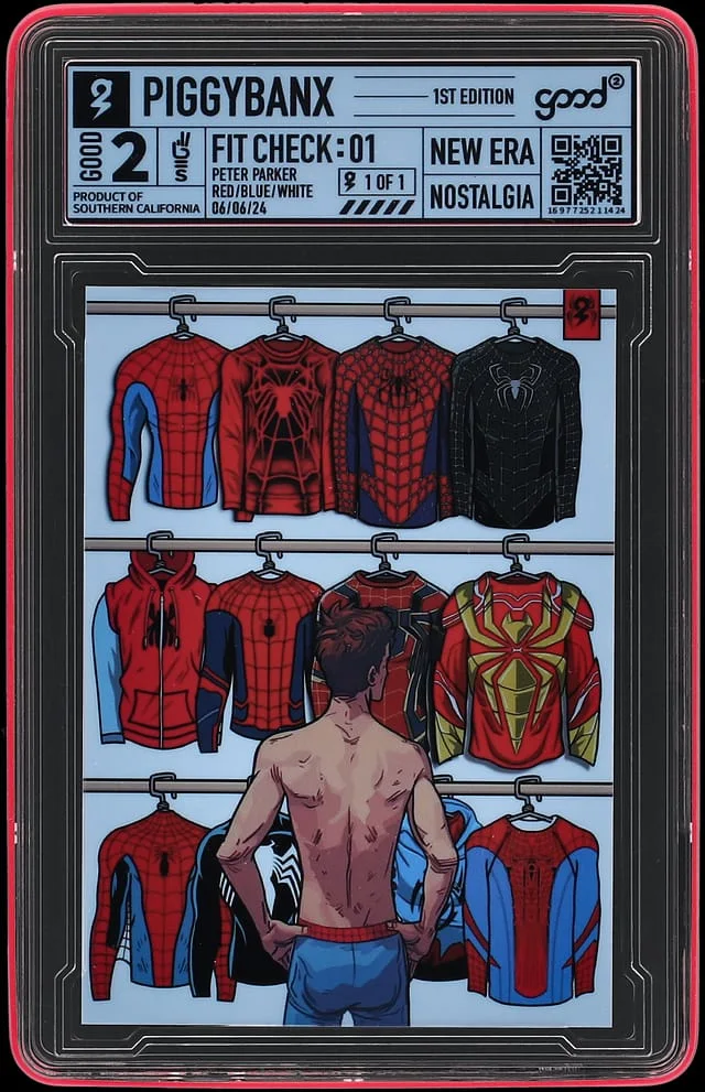 2024 PiggyBanx Good Fit Check :01 Red/Blue/White Peter Parker - PiggyBanx Encapsulated - With Original Box #2 card image