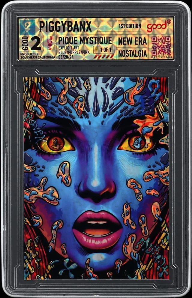 2024 PiggyBanx Good Pique Mystique Blue/Purple/Pink ALPHA Variant - PiggyBanx Encapsulated - With Original Box + Cert #2 card image