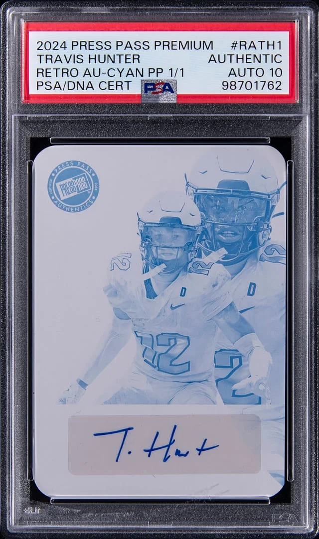2024 Press Pass Premium Retro Autograph Cyan Printing Plate Travis Hunter #RA-TH1 card image