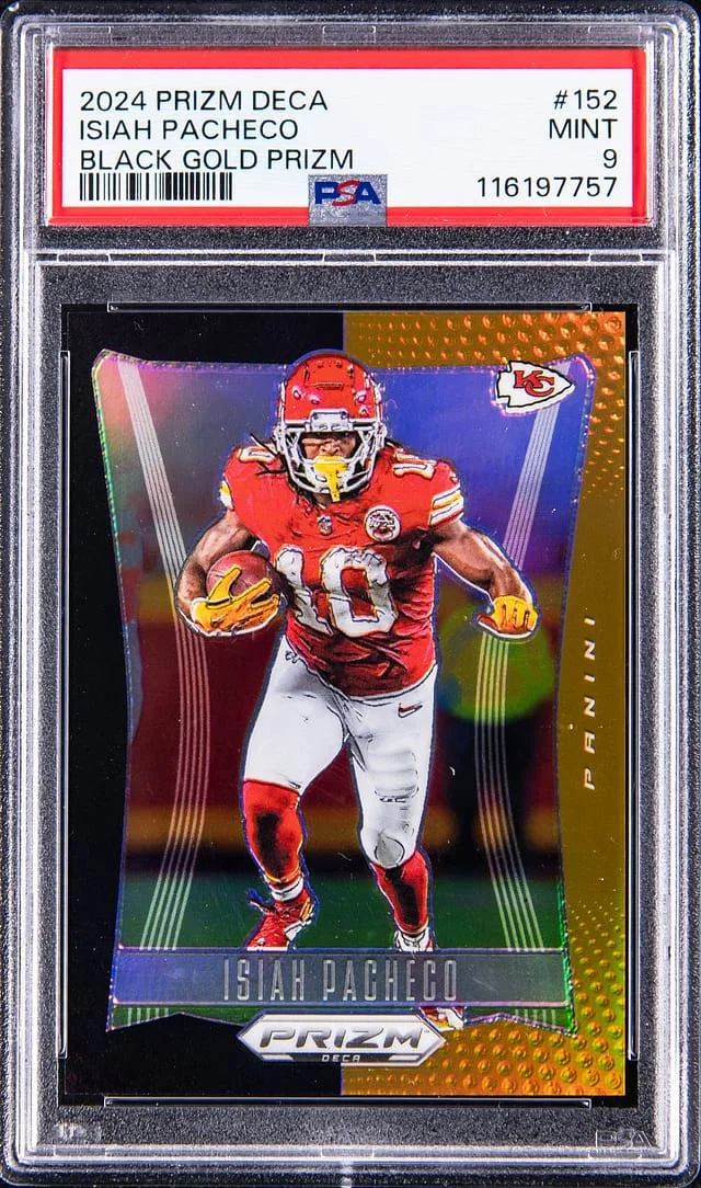 2024 Prizm Isiah Pacheco Deca Black Gold Prizm #152 card image