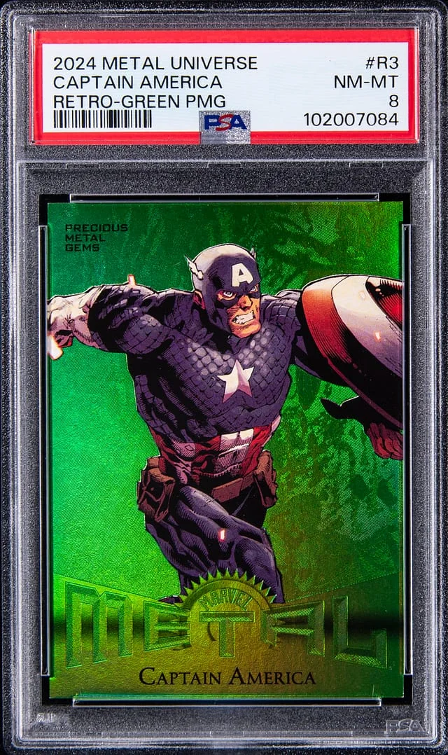 2024 SkyBox Captain America Marvel Metal Universe Avengers Retro Precious Metal Gems (PMG) Green #R-3 card image
