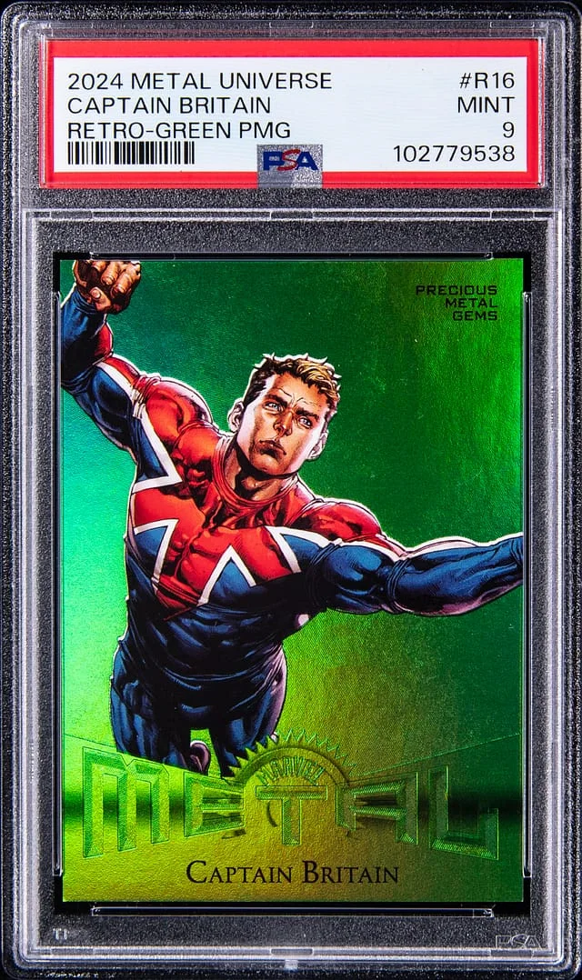 2024 SkyBox Captain Britain Marvel Metal Universe Avengers Retro Precious Metal Gems (PMG) Green #R-16 card image