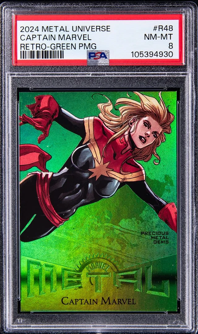 2024 SkyBox Captain Marvel Marvel Metal Universe Avengers Retro Precious Metal Gems (PMG) Green #R-48 card image