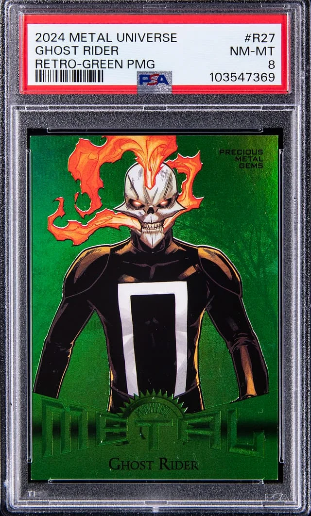 2024 SkyBox Ghost Rider Marvel Metal Universe Avengers Retro Precious Metal Gems (PMG) Green #R-27 card image
