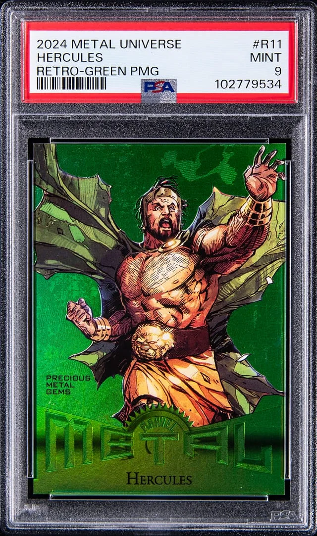 2024 SkyBox Hercules Marvel Metal Universe Avengers Retro Precious Metal Gems (PMG) Green #R-11 card image