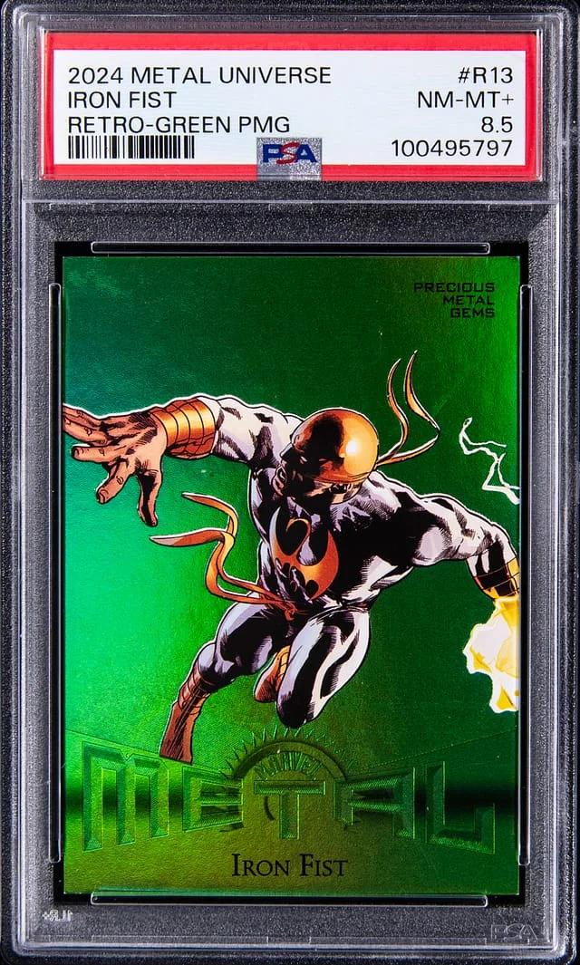 2024 SkyBox Iron Fist Marvel Metal Universe Avengers Retro Precious Metal Gems (PMG) Green #R-13 card image