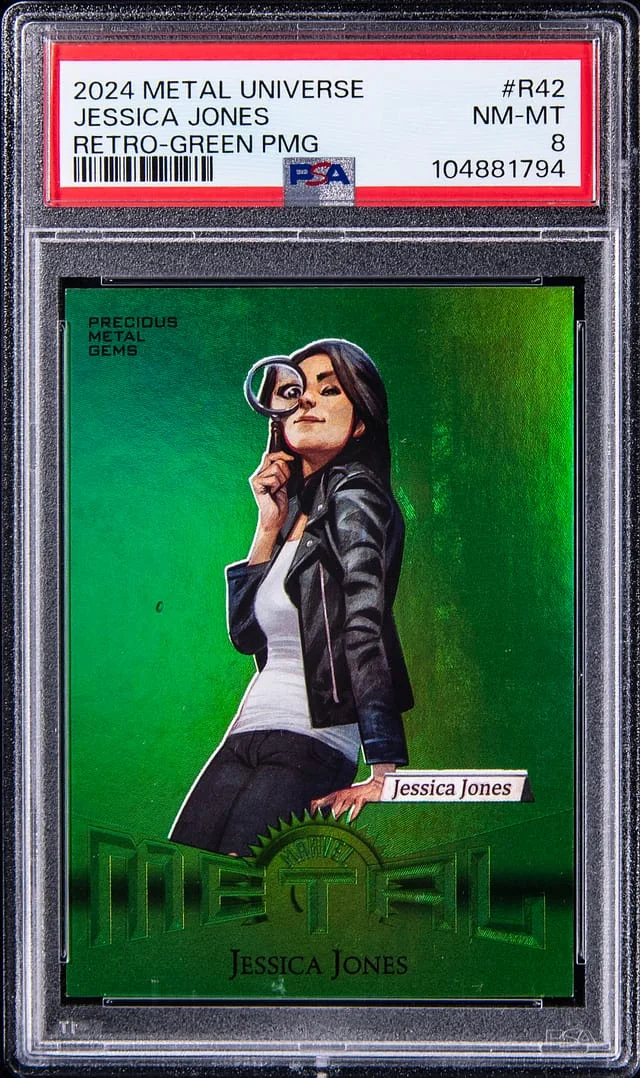 2024 SkyBox Jessica Jones Marvel Metal Universe Avengers Retro Precious Metal Gems (PMG) Green #R-42 card image