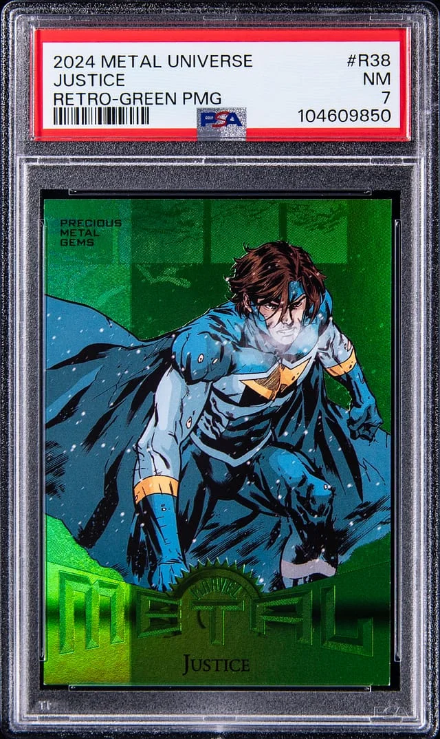 2024 SkyBox Justice Marvel Metal Universe Avengers Retro Precious Metal Gems (PMG) Green #R-38 card image