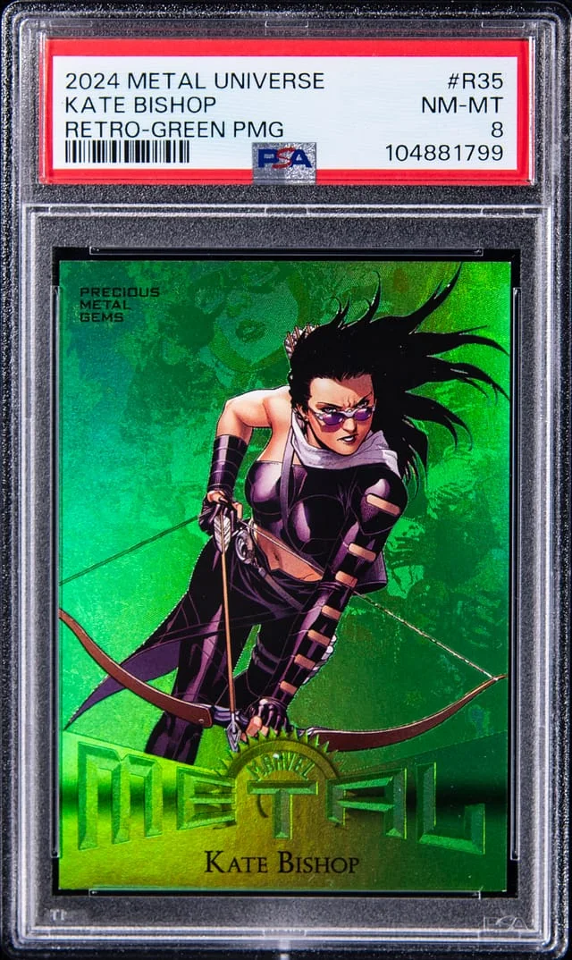 2024 SkyBox Kate Bishop Marvel Metal Universe Avengers Retro Precious Metal Gems (PMG) Green #R-35 card image
