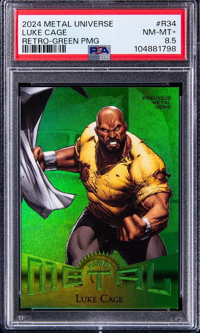 2024 SkyBox Luke Cage Marvel Metal Universe Avengers Retro Precious Metal Gems (PMG) Green #R-34 card image