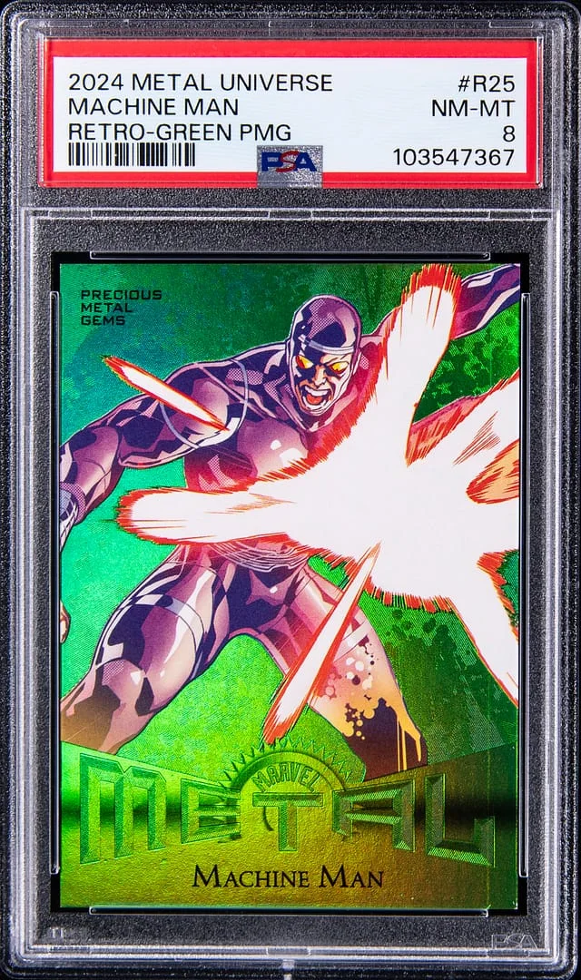 2024 SkyBox Machine Man Marvel Metal Universe Avengers Retro Precious Metal Gems (PMG) Green #R-25 card image