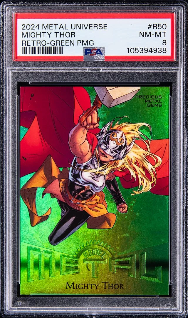 2024 SkyBox Mighty Thor Marvel Metal Universe Avengers Retro Precious Metal Gems (PMG) Green #R-50 card image
