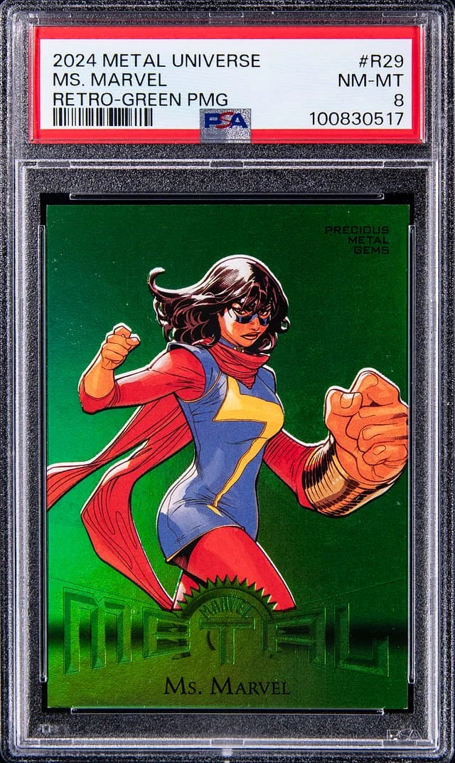 2024 SkyBox Ms. Marvel Marvel Metal Universe Avengers Retro Precious Metal Gems (PMG) Green #R-29 card image