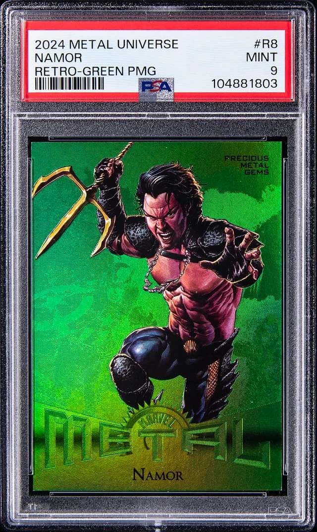 2024 SkyBox Namor Marvel Metal Universe Avengers Retro Precious Metal Gems (PMG) Green #R-8 card image