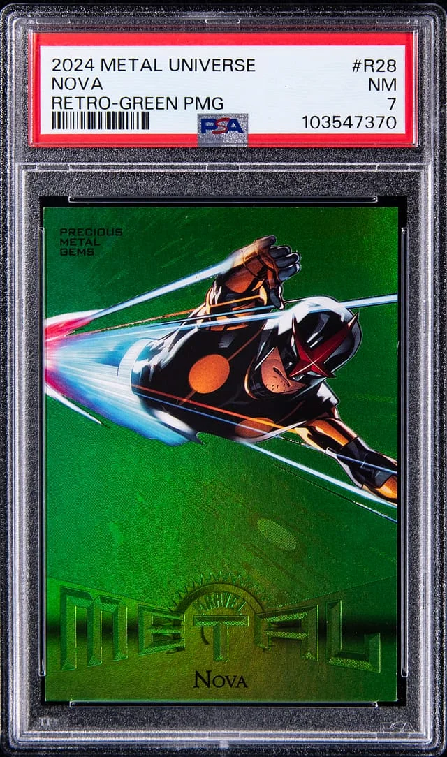 2024 SkyBox Nova Marvel Metal Universe Avengers Retro Precious Metal Gems (PMG) Green #R-28 card image