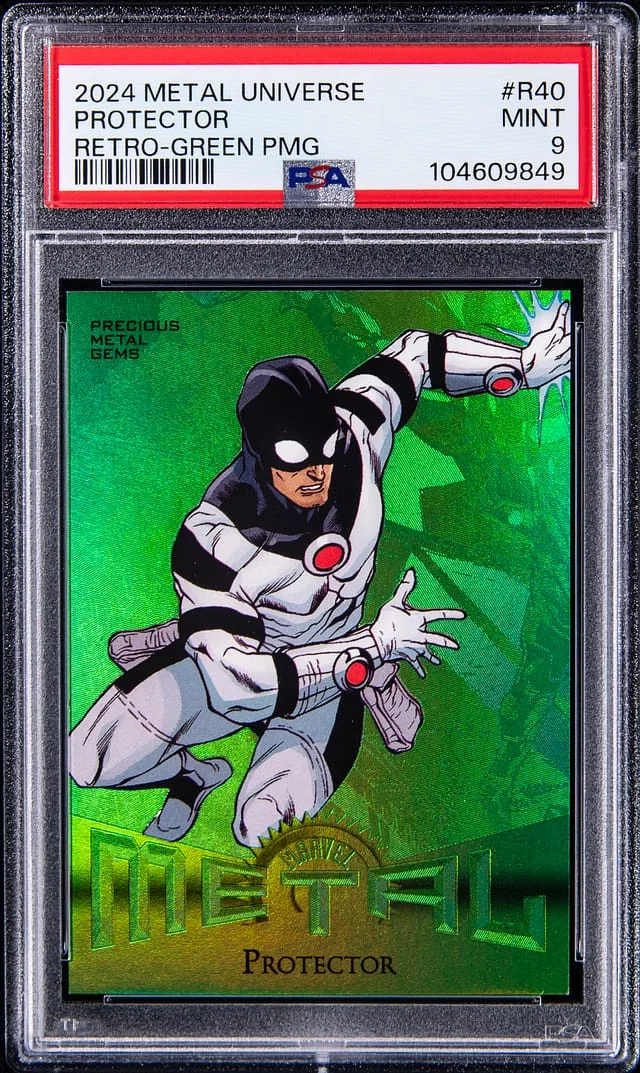 2024 SkyBox Protector Marvel Metal Universe Avengers Retro Precious Metal Gems (PMG) Green #R-40 card image