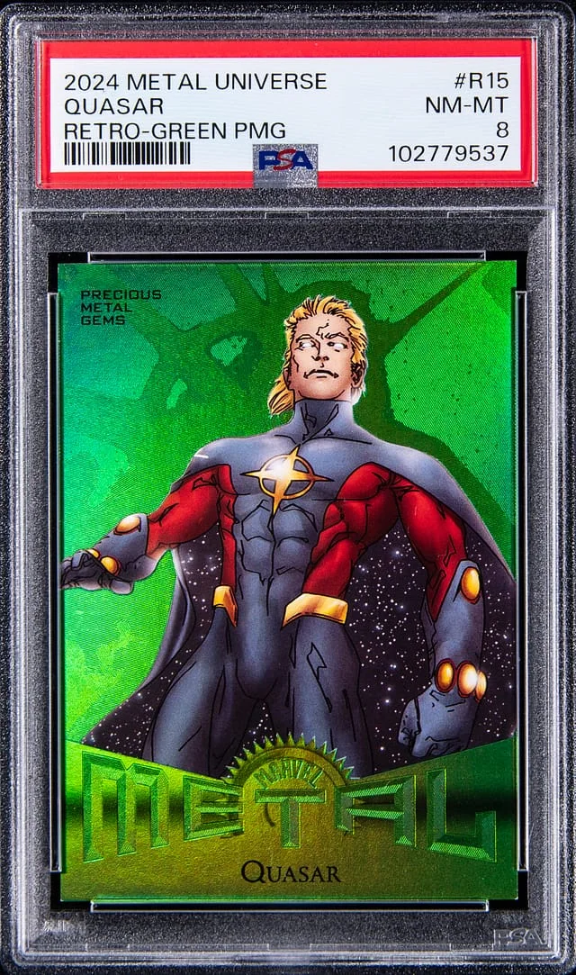 2024 SkyBox Quasar Marvel Metal Universe Avengers Retro Precious Metal Gems (PMG) Green #R-15 card image