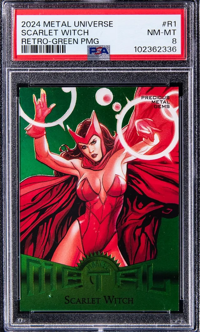 2024 SkyBox Scarlet Witch Marvel Metal Universe Avengers Retro Precious Metal Gems (PMG) Green #R-1 card image