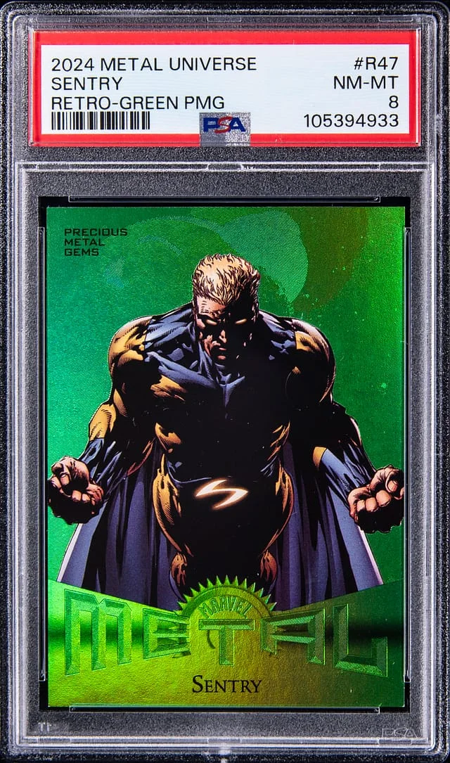 2024 SkyBox Sentry Marvel Metal Universe Avengers Retro Precious Metal Gems (PMG) Green #R-47 card image