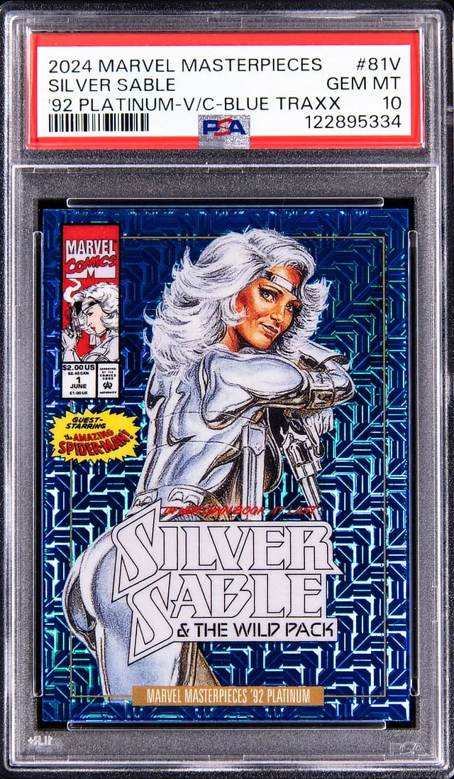 2024 SkyBox Silver Sable Marvel Masterpieces '92 Platinum V/C Blue Traxx #81V card image