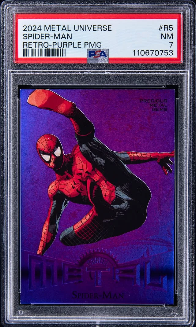 2024 SkyBox Spider-Man Marvel Metal Universe Avengers Retro Precious Metal Gems (PMG) Green #R-5 card image