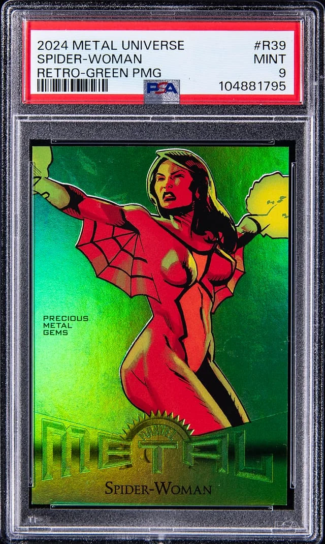 2024 SkyBox Spider-Woman Marvel Metal Universe Avengers Retro Precious Metal Gems (PMG) Green #R-39 card image