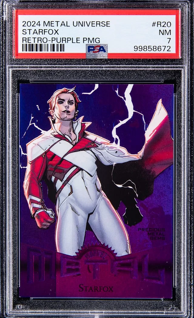 2024 SkyBox Starfox Marvel Metal Universe Avengers Retro Precious Metal Gems (PMG) Purple #R-20 card image