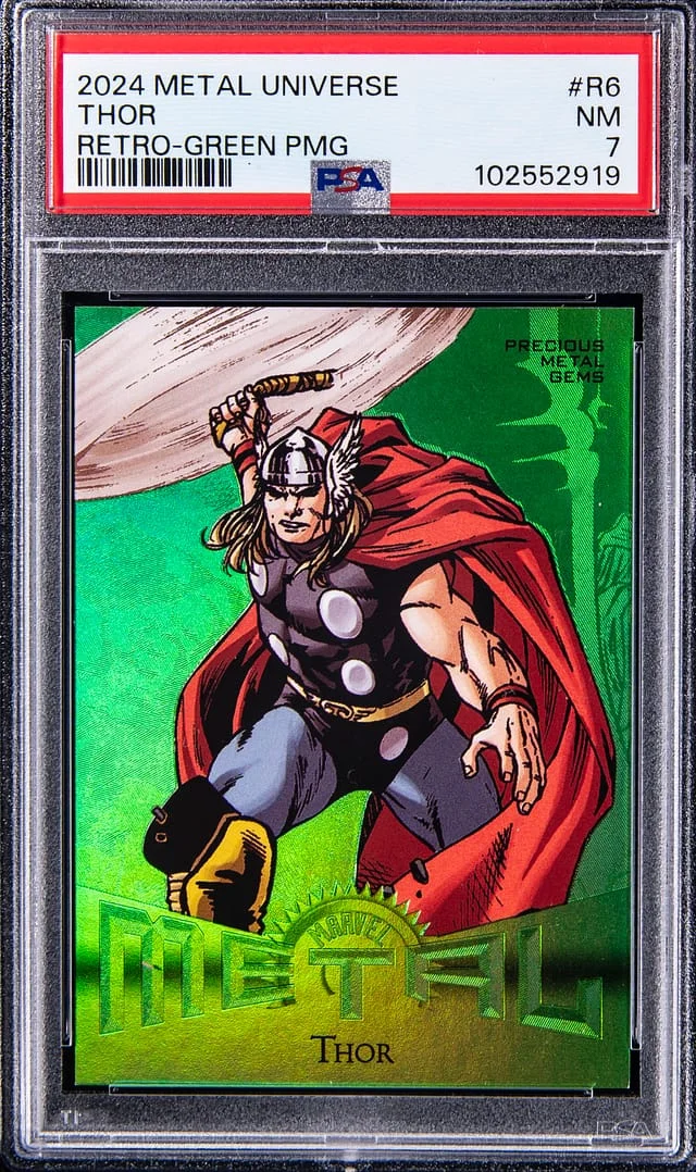 2024 SkyBox Thor Marvel Metal Universe Avengers Retro Precious Metal Gems (PMG) Green #R-6 card image