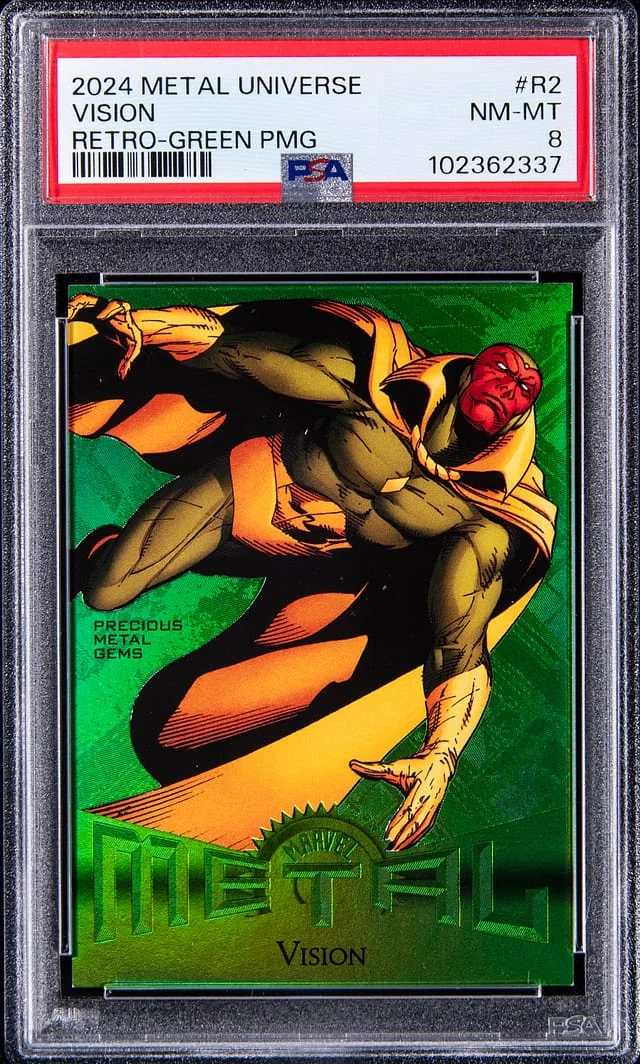 2024 SkyBox Vision Marvel Metal Universe Avengers Retro Precious Metal Gems (PMG) Green #R-2 card image
