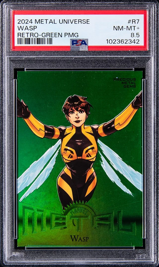 2024 SkyBox Wasp Marvel Metal Universe Avengers Retro Precious Metal Gems (PMG) Green #R-7 card image