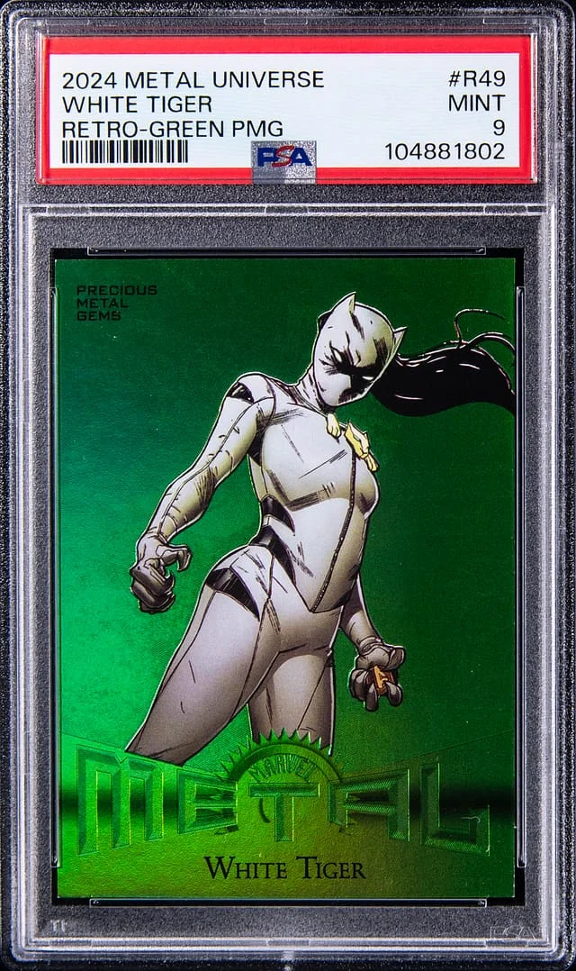 2024 SkyBox White Tiger Marvel Metal Universe Avengers Retro Precious Metal Gems (PMG) Green #R-49 card image