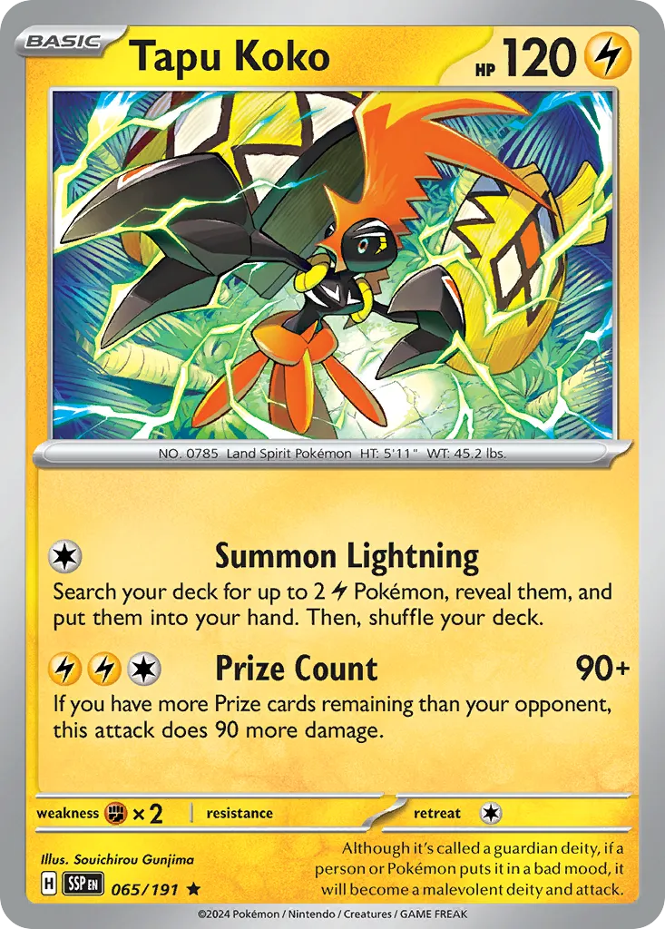 2024 Surging Sparks Tapu Koko #065/191 Rare card image