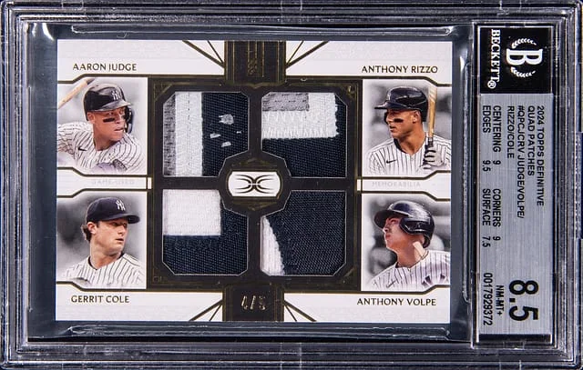 2024 Topps Aaron Judge/Anthony Rizzo/Gerrit Cole/Anthony Volpe Game-Used Definitive Collection Quad Patches #QPC-JCRV card image
