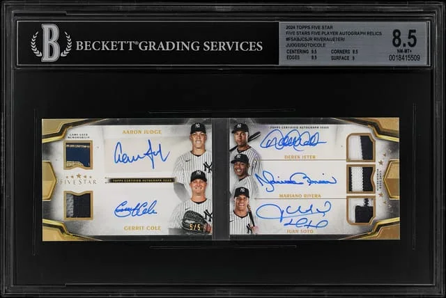 2024 Topps Aaron Judge/Gerrit Cole/Derek Jeter/Mariano Rivera/Juan Soto Multi-Signed Game-Used Five Star Five Player Autograph Relic Booklets #FSAB-JCSJR card image