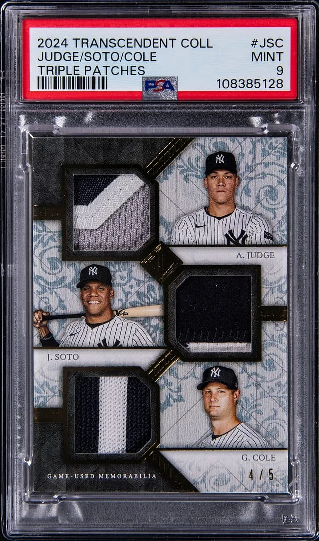 2024 Topps Aaron Judge/Juan Soto/Gerrit Cole Game-Used Transcendent Collection Triple Patches #TPC-JSC card image
