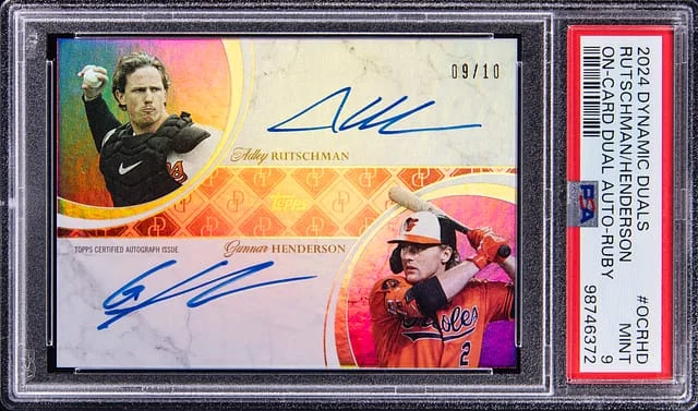 2024 Topps Adley Rutschman/Gunnar Henderson Dynamic Duals On-Card Dual Autograph Ruby #OCRH-D card image