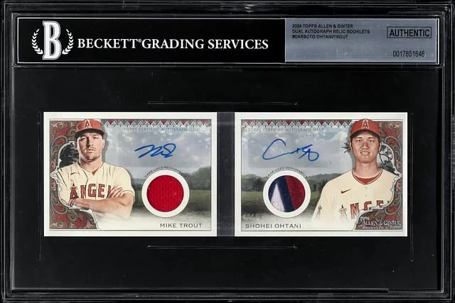 2024 Topps Allen & Ginter Mike Trout/Shohei Ohtani Dual Autograph Relic Booklet #DARBC-TO card image