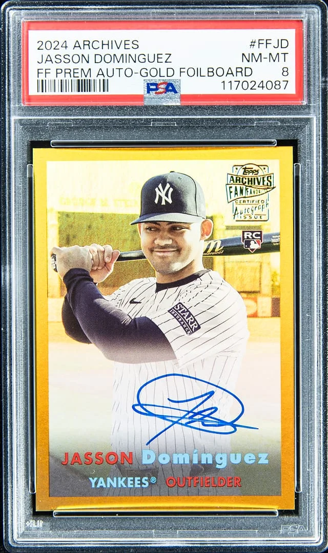 2024 Topps Archives Jasson Dominguez Fan Favorite Premium Autograph Gold Foilboard #FF-JD card image