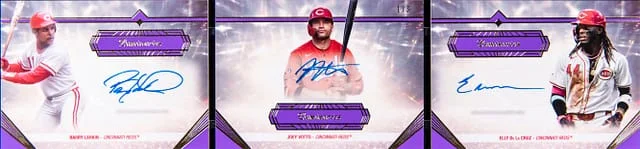 2024 Topps Barry Larkin/Joey Votto/Elly De La Cruz Multi-Signed Booklet Luminaries Guiding Light Triple Autograph #GTLA-LVD card image