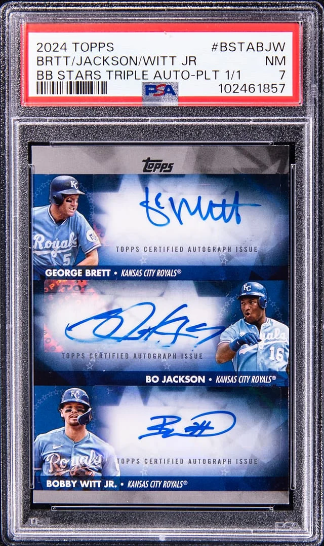 2024 Topps Baseball Bobby Witt Jr./Bo Jackson/George Brett Multi-Signed Stars Triple Autograph #BSTA-BJW card image
