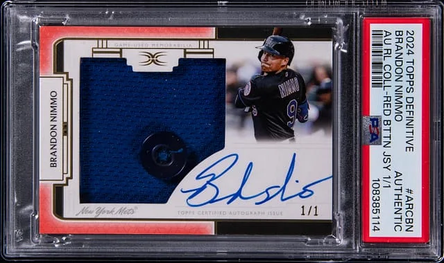 2024 Topps Brandon Nimmo Definitive Collection Autograph Relic Collection Red Button Jersey #ARC-BN card image