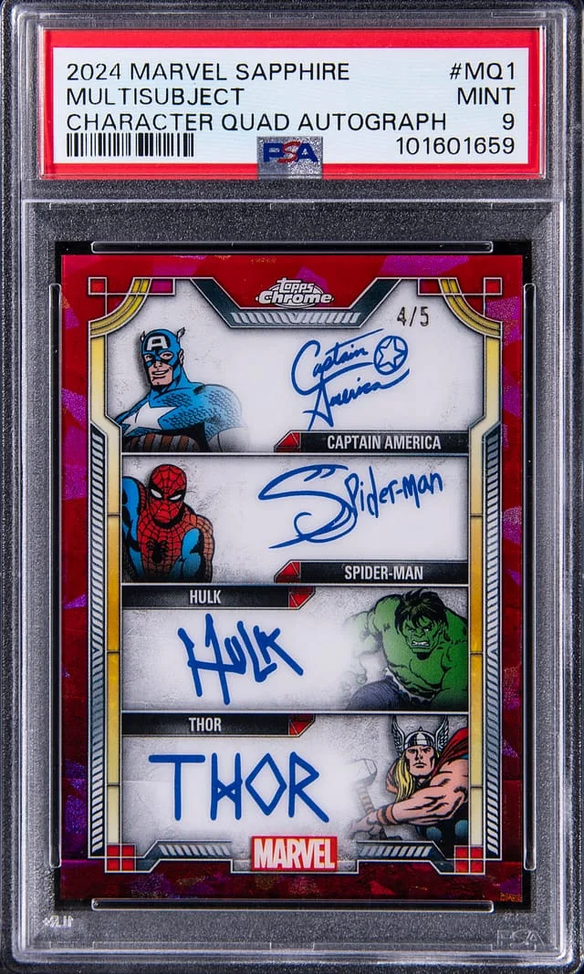 2024 Topps Captain America/Spider-Man/Hulk/Thor Marvel Sapphire Edition Character Quad Autograph #MQ-1 card image