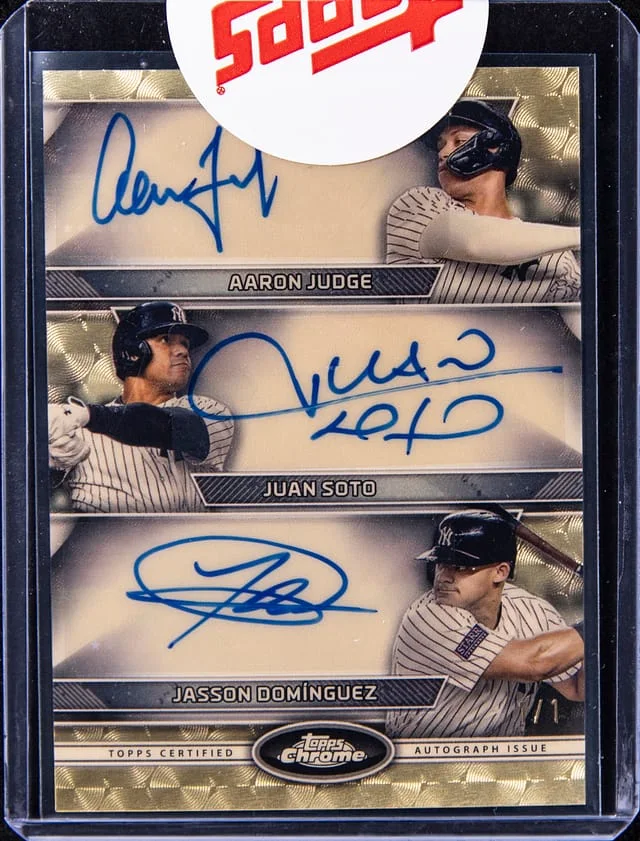 2024 Topps Chrome Aaron Judge/Juan Soto/Jasson Dominguez Multi-Signed Card - Topps Sealed Updates Triple Auto SuperFractor #CTA-JSD card image