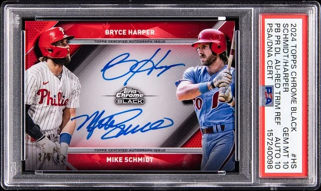 2024 Topps Chrome Black Mike Schmidt/Bryce Harper Pitch Black Pairings Dual Autograph Red Trim Refractor #PBDA-HS card image